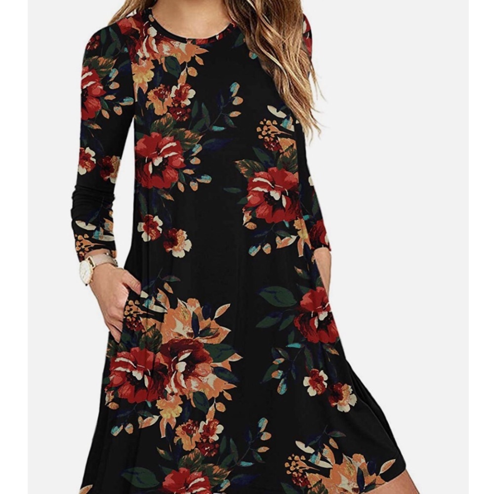 Boutique Black Floral Boho Swing Dress